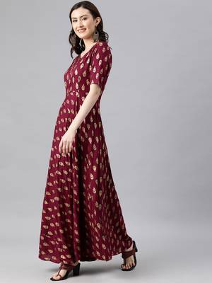 Wine woven viscose rayon long-dresses 2