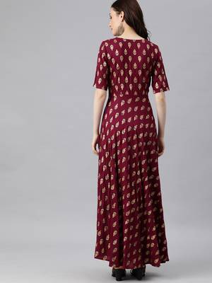 Wine woven viscose rayon long-dresses 3