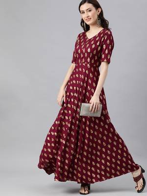 Wine woven viscose rayon long-dresses 4