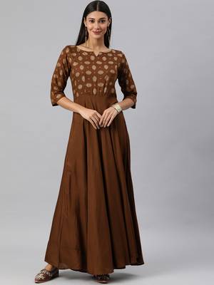 Brown woven viscose rayon long-dresses 1