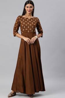 Brown woven viscose rayon long-dresses