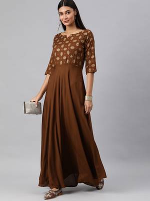 Brown woven viscose rayon long-dresses 4
