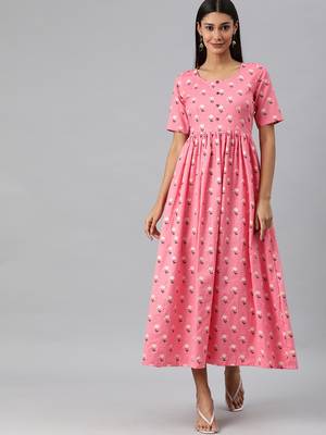 Pink woven cotton long-dresses 1