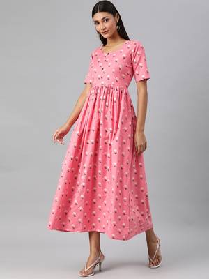 Pink woven cotton long-dresses 2
