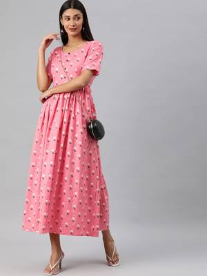 Pink woven cotton long-dresses 4