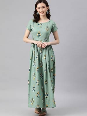 Teal woven cotton long-dresses 1