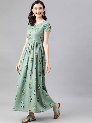 Teal woven cotton long-dresses 2