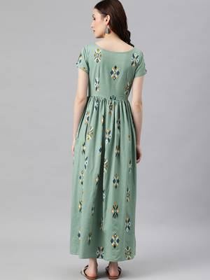 Teal woven cotton long-dresses 3