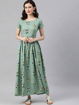 Teal woven cotton long-dresses 4
