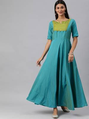 Turquoise woven cotton long-dresses 1