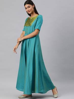 Turquoise woven cotton long-dresses 2