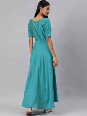 Turquoise woven cotton long-dresses 3