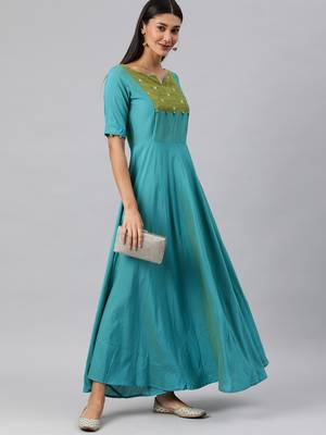 Turquoise woven cotton long-dresses 4