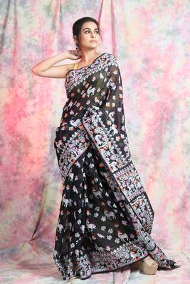 Black woven blended cotton saree  1