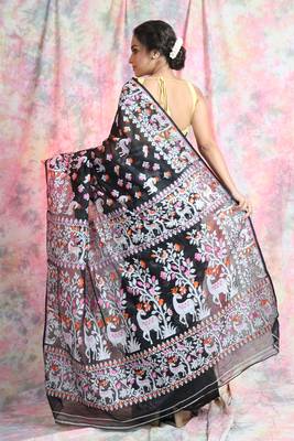 Black woven blended cotton saree  4