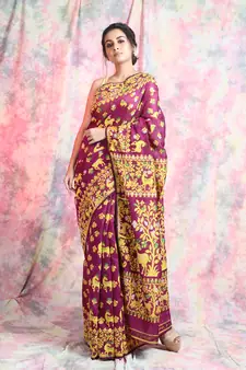 Magenta Woven Blended Cotton Saree Without Blouse
