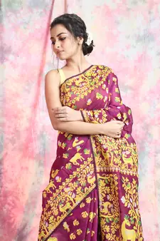 Magenta Woven Blended Cotton Saree Without Blouse