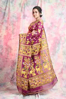 Magenta Woven Blended Cotton Saree Without Blouse