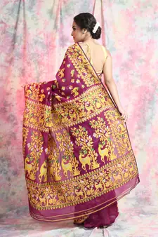 Magenta Woven Blended Cotton Saree Without Blouse