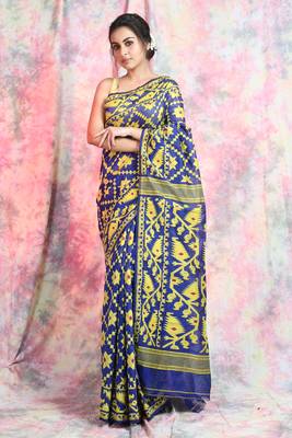 Dark Blue Woven Blended Cotton Saree Without Blouse 1