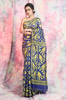 Dark Blue Woven Blended Cotton Saree Without Blouse