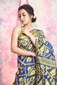Dark Blue Woven Blended Cotton Saree Without Blouse