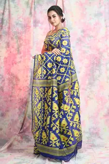 Dark Blue Woven Blended Cotton Saree Without Blouse