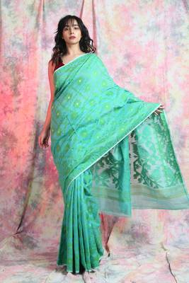 Sea green woven blended cotton saree  1