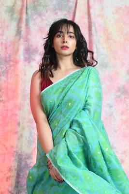 Sea green woven blended cotton saree  2