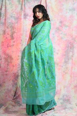 Sea green woven blended cotton saree  3