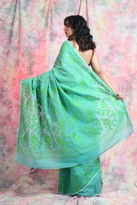 Sea green woven blended cotton saree  4