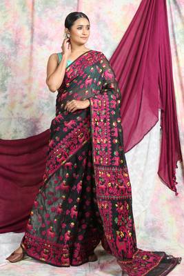 Black woven blended cotton saree  1