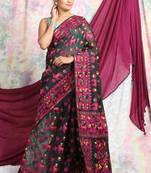 Black woven blended cotton saree 