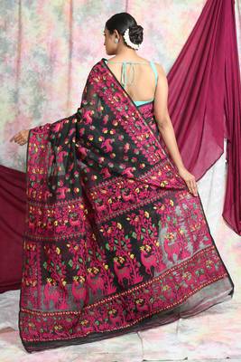 Black woven blended cotton saree  4
