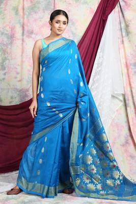 Sky blue woven blended cotton saree with blouse 1