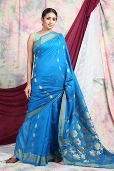 Sky blue woven blended cotton saree with blouse
