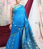 Sky blue woven blended cotton saree with blouse