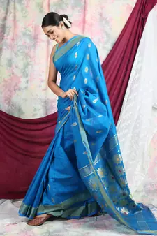 Sky blue woven blended cotton saree with blouse