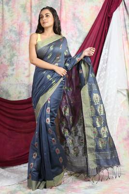 Grey woven blended cotton saree with blouse 1