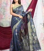 Grey woven blended cotton saree with blouse