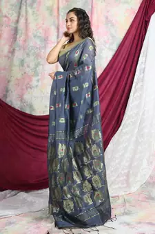 Grey woven blended cotton saree with blouse