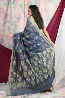 Grey woven blended cotton saree with blouse