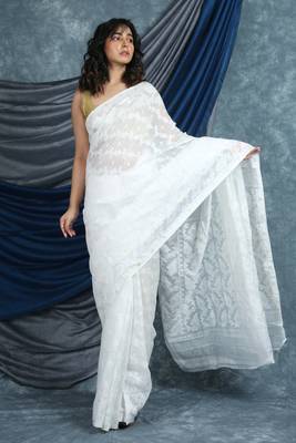 White woven blended cotton saree  1