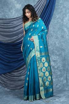 Teal woven blended cotton saree with blouse