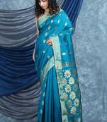 Teal woven blended cotton saree with blouse