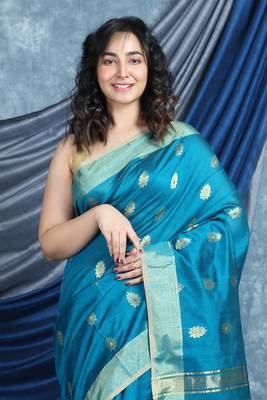 Teal woven blended cotton saree with blouse 2