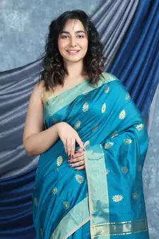 Teal woven blended cotton saree with blouse