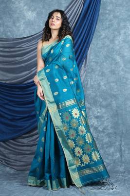 Teal woven blended cotton saree with blouse 3