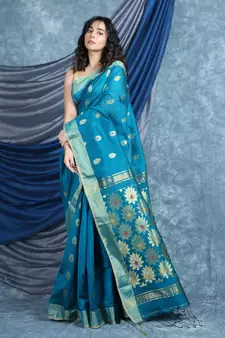 Teal woven blended cotton saree with blouse