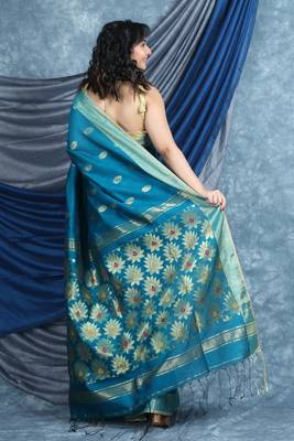 Teal woven blended cotton saree with blouse 4